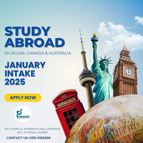 🌍 Your study abroad dreams are closer than ever! 🌟 January intake is open for the UK, USA, Canada, and Australia. Don’t miss your chance to make your dreams come true—let’s get you started on your global journey today! 🎓✈️ For Further Details kindly Contact or Visit Us: 📍1st Floor Al Mubeen Plaza Near Rescue 1122 Service Morh GT Road, Gujrat 📞+92 3000203761 , 0533724484 +92 3000207730 +92 333 1207008 +92 300 0207732 +92 333 1207009 +92 300 0207738 +92 333 1207001 +92 331 0102203 +92 331 01021... Study Abroad Creative Ads, Dubai Video, Study In Australia, Study In Canada, Travel Poster Design, Digital Marketing Design, Make Your Dreams Come True, Creative Ads, Best Love Lyrics