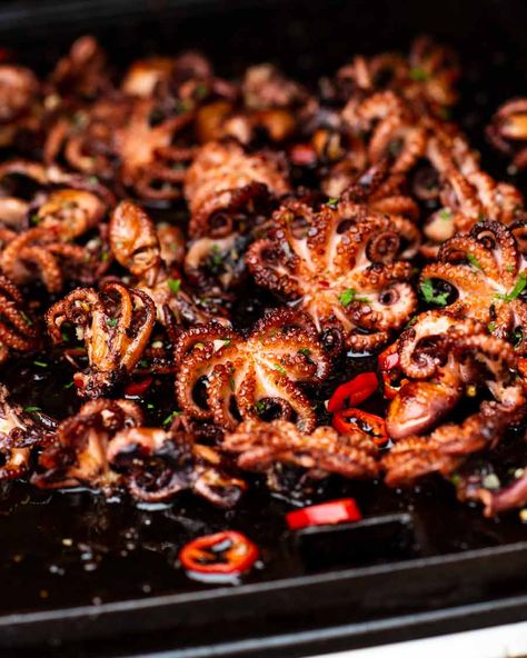 Bbq Octopus Recipe, Tinned Octopus Recipes, Grilled Octopus Recipe Italian, Octopus Dinner Recipe, Air Fryer Octopus, Braised Octopus Recipes, Grilled Appetizer Recipes, Marinated Octopus Recipe, Unique Meat Recipes