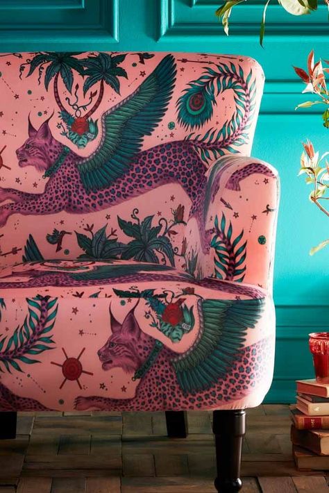 #handcraftedchair #armchair #quirkyarmchair #pinkarmchair #velvetarmchair #luxuryarmchair #printedarmchair #accentchair #occasionalchair #rockettstgeorge Coral Chair, Velvet Occasional Chair, Cosy Armchair, Emma J Shipley, Comfortable Armchair, Velvet Chair, Dream House Decor, Lynx, Home Deco