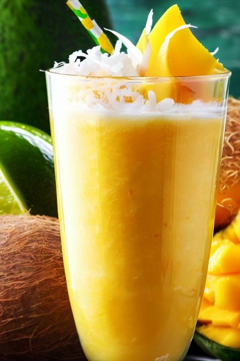 Indulge in the creamy goodness of frozen mango chunks blended with velvety coconut milk and a splash of tangy lime juice. Served in a glass and adorned with a slice of ripe mango and a sprinkle of toasted coconut flakes, this vibrant and luscious smoothie is a delightful treat for your senses. Sip and savor the tropical flavors while nourishing your body with essential vitamins and minerals. Mango Coconut Smoothie, Healthy Smoothie Recipe, Ripe Mango, Frozen Mango, Smoothie Diet Plan, Mango Chunks, Coconut Smoothie, Essential Vitamins And Minerals, Smoothie Diet Plans