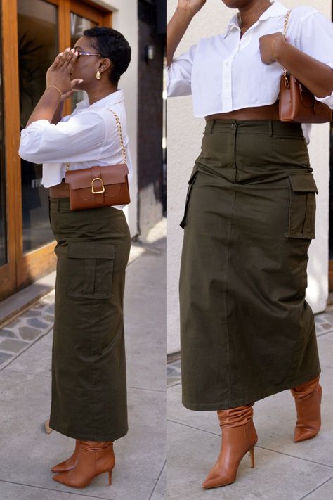 Outfit With Cargo Skirt, Jean Cargo Skirt Outfit, Maxi Cargo Skirt Outfit, Cargo Midi Skirt Outfit, Cargo Maxi Skirt Outfit, Modern Modest Outfits, Cargo Skirt Outfit Ideas, Cargo Skirt Outfits, Khaki Skirt Outfit