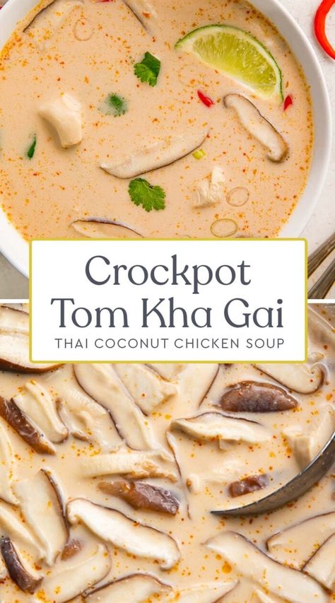 Slow Cooker Tom Kha Soup, Tom Kha Soup Recipe, Tom Kha Soup, Coconut Chicken Soup, Soup Thai, Thai Coconut Chicken Soup, Thai Coconut Chicken, Tom Kha Gai, Tom Kha