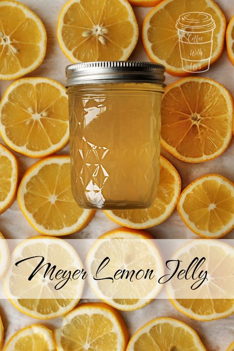 All the delightful taste of Meyer lemons is bottled up in this Meyer Lemon Jelly recipe.  Serve it on toast, or eat it with a spoon-- either way it's delightful! Lemon Lavender Jelly, Lemon Drop Jelly Recipe, Lime Jelly Recipe, Lemon Jam Recipe Canning, Meyer Lemon Marmalade Recipe, Canning Lemons, Lemon Snacks, Lemon Jam Recipe, Lemon Jelly Recipe