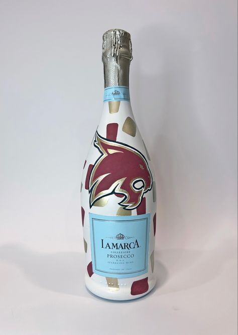 Handpainted champagne bottle for college graduation. #texas #texasstate Grad Champagne Bottle, College Champagne Bottle, Decorated Champagne Bottles Graduation, College Painted Champagne Bottle, Graduation Champagne Bottle Diy, Painted Champagne Bottle Housewarming, Painted Champagne Bottle Graduation, Graduation Champagne Bottle, 21 Painted Champagne Bottle