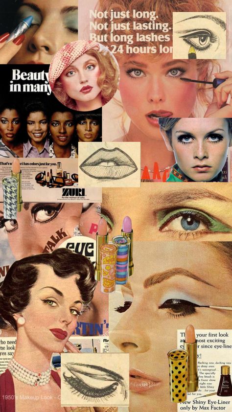 Vintage Makeup Magazine, Make Up Mood Board, Makeup Collage Aesthetic, Aesthetic Makeup Wallpaper, Mood Board Makeup, Morticia Makeup, Makeup Scrapbook, Makeup Mood Board, Makeup Graphics