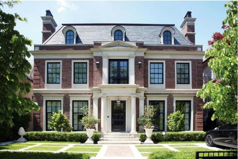 Red brick house with Black windows and white trim. Classic Exterior Design, Modern Georgian, Georgian Style Homes, Modern Exterior Doors, Window Trim Exterior, Georgian Architecture, Casas The Sims 4, Brick Exterior House, Casas Coloniales