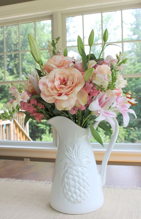 Fresh Flowers - beautiful pitcher - unique way to display flowers - Life on Kaydeross Creek Flower Arrangement In Pitcher, Pitchers With Flowers Centerpieces, Water Pitcher Flower Arrangement, Flower Arrangements In Pitchers, Pitcher Vase Flowers, White Pitcher With Flowers, Flowers In Pitcher, White Pitchers Decor, Decorating With Pitchers