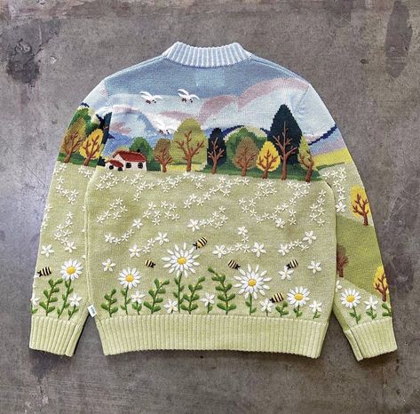 Crochet Sweater Landscape, Cute Knitwear, Cute Sweater Designs, Sweater Embroidery Ideas, Green Crochet Sweater, Landscape Sweater, Fun Sweaters, Knitting Inspiration, Sweater Weather