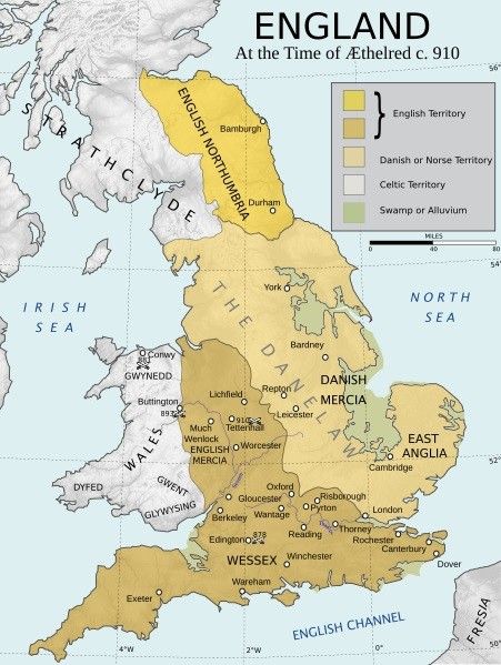 Alfred the Great.  Map of England Around 910 CE. Saxon History, Anglo Saxon History, Map Of Great Britain, Map Of Britain, Ancient History Archaeology, Alfred The Great, History Of England, Uk History, Ancient Maps