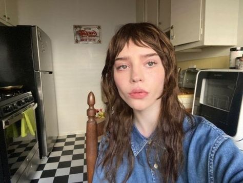 Sophie Thatcher Style, Long Hair Micro Bangs, Microbangs Round Face, Baby Bangs Long Hair, Bang Styles, Embrace Messy Hair, Sophie Thatcher, Baby Bangs, Shag Hairstyles