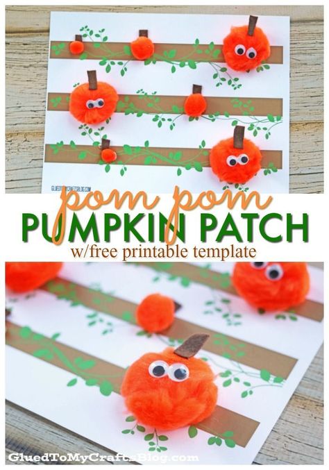 Pom Pom Pumpkin Patch - Kid Craft idea w/free printable template Pumpkin Crafts Preschool, Pumpkin Patch Craft, Pumpkin Activity, Pumpkin Patch Kids, Preschool Art Projects, Pumpkin Craft, Pumpkin Activities, October Crafts, Halloween Preschool