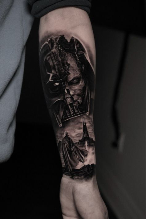 @brendanbissitattoos on Instagram Jarjar Binks Tattoo, Star Wars Arm Tattoo, Star Wars Sleeve Tattoo, Star Wars Tattoo For Men, Stormtrooper Tattoo, Vader Tattoo, Star Wars Tattoo Sleeve, Darth Vader Tattoo, Family Tattoo Ideas