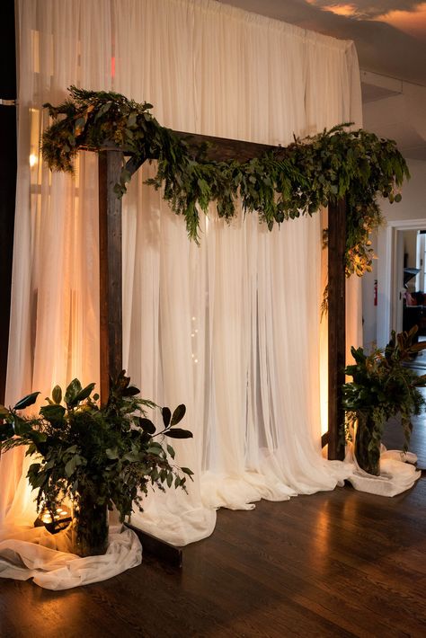 wedding ceremony, arch, rustic, greenery, drapery, Will Hawkins Photography, backdrop Elegant Christmas Wedding, Winter Wedding Arch, Christmas Wedding Themes, Evergreen Wedding, Christmas Wedding Inspiration, Aisle Decorations, Wedding Alters, Rustic Wedding Backdrops, Rustic Winter Wedding