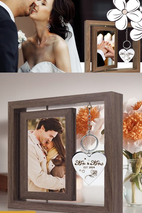 #Vertical wedding picture frame  #  Gifts for Couples  # Rotating wood Mr and Mrs picture frame, 4 x 6 with stainless steel keyring # Rustic picture frame with back easel for 
Engagement, Couples, Bridal shower gift. affiliate link Marriage Gifts For Couple, Marriage Photo Frame Ideas, Resin Frames For Couples, Wooden Picture Frames For Wedding, Homemade Gifts For Girlfriend, Wedding Picture Frame Sayings, Photo Frame Gift For Marriage, Wedding Picture Frame, Love Picture Frames