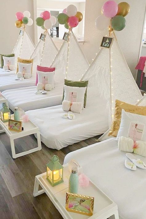 Take a look at this beautiful princess Tiana sleepover! The teepees are so cute! See more party ideas and share yours at CatchMyParty.com Princess Tiana Sleepover, Princess Sleepover Party, Tiana Birthday Party Ideas, Kids Sleepover Ideas, Princess Tiana Birthday Party Ideas, Glam Sleepover, Movie Sleepover, Slumber Party Crafts, Tent Sleepover