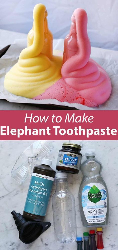 Elephant Toothpaste - Childhood Magic Bath Science Experiments, Elephant Science Experiment, Elephant Toothpaste Experiment Recipe, Health Crafts For Preschool, Easy Kid Science Experiments, Prek Science Activities, Diy Elephant Toothpaste, Prek Science Experiments, Preschool Science Activities Easy