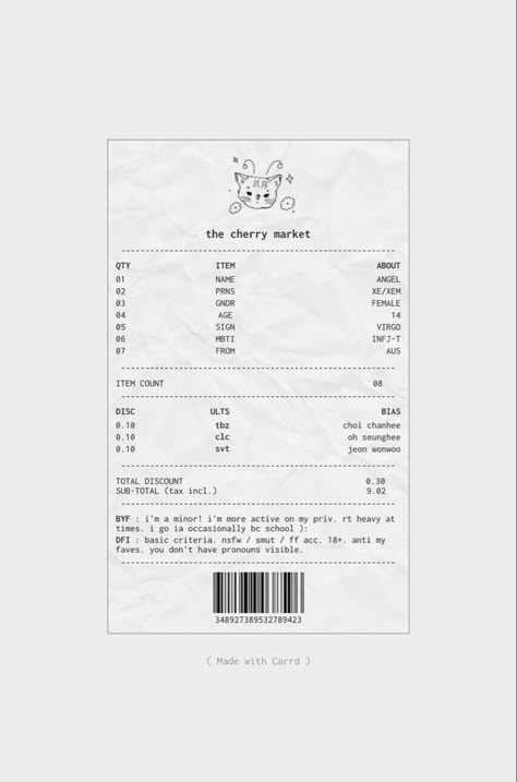 Carrd Inspo Template Website, Aesthetic Carrd Templates, Aesthetic Receipt Template, Receipt Design Aesthetic, Aesthetic Carrd Themes, Carrds Inspo Aesthetic, Receipt Template Aesthetic, Receipt Design Ideas, Cute Receipt Template