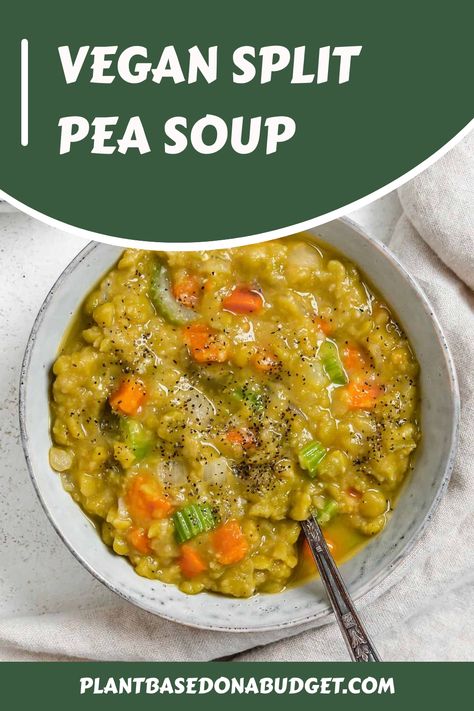 This Vegan Split Pea Soup is incredibly comforting and so simple to make. It’s great for meal prepping for the week too! Split Pea Soup Vegetarian, Vegan Pea Soup, Recipe For Soup, Vegan Split Pea, Meal Prepping For The Week, Kale And Bean Soup, Vegetarian Split Pea Soup, Vegan Split Pea Soup, Vegan Appetizers Recipes