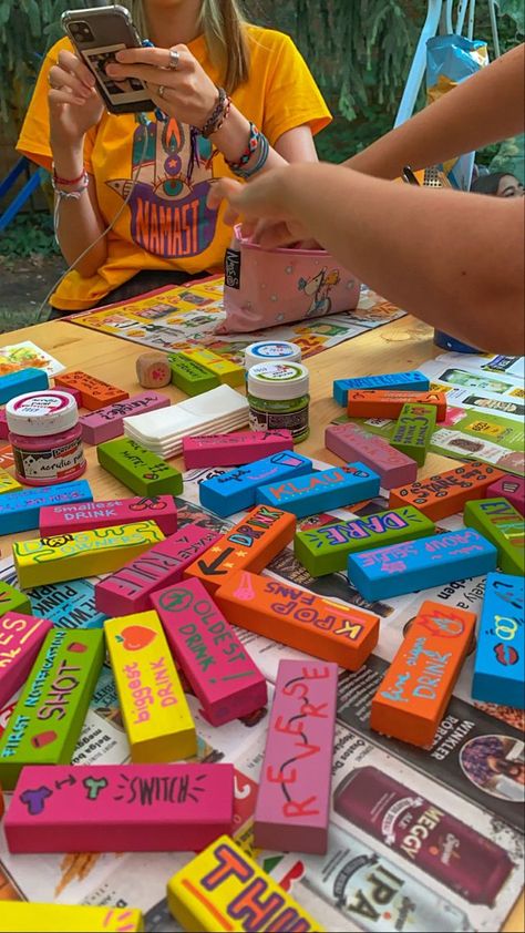 drinking game Art Night Ideas Adults, Jenga Aesthetic, Jenga Block Painting Ideas, Jenga Painting, Painted Jenga Blocks, Painted Jenga, Jenga Art, Jenga Diy, Starbucks Strawberry Acai Refresher