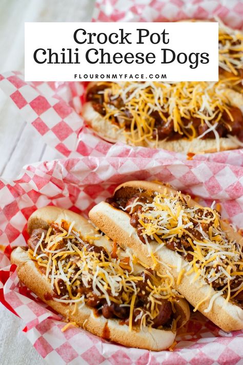 Crock Pot Chili Cheese Dogs recipe for an easy week night meal #crockpotrecipes #flouronmyface Chili Recipe For Hot Dogs, Easy Crock Pot Chili, Chili Cheese Dog Recipe, Chili Cheese Hot Dog, Crock Pot Chili, Cream Cheese Chicken Chili, Chili Cheese Dogs, Cheese Dog, Crockpot Chili