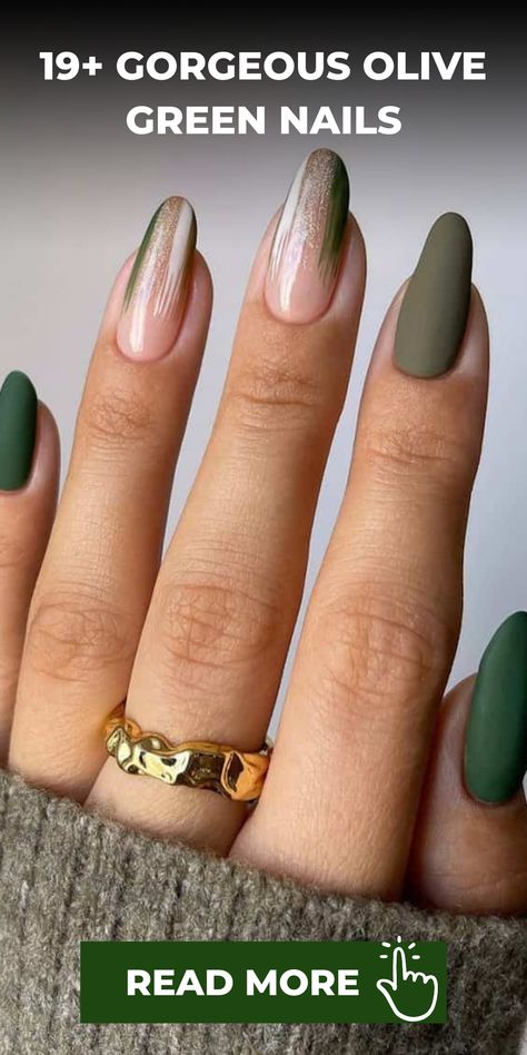 Elevate your nail game with stunning olive green shades that exude elegance and sophistication! Olive green is a timeless color choice that instantly evokes a sense of luxury and charm to your manicure. Whether you prefer a sleek matte finish for a contemporary twist or opt for a luscious glossy sheen, olive green nails are an excellent way to express your style. Add some dazzle with shimmering embellishments or keep it classy with a single-toned look – the possibilities are endless! Green Grey Nails, Olive Nails Design, Fall Nails Olive Green, Olive Green Nails Designs, Olive Green Nail Ideas, Olive Green Nail Designs, Olive Green Shades, Olive Green Nails, Matte Green Nails