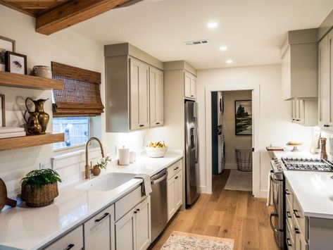 Galley Kitchen Upgrade in White, Gray and Wood Tones Short Ceiling Kitchen, Kitchen With 10 Ft Ceilings, White Galley Kitchen, Dave And Jenny Marrs, Small Kitchen Makeovers, Gray Ceiling, Fixer To Fabulous, Reno Kitchen, Jenny Marrs