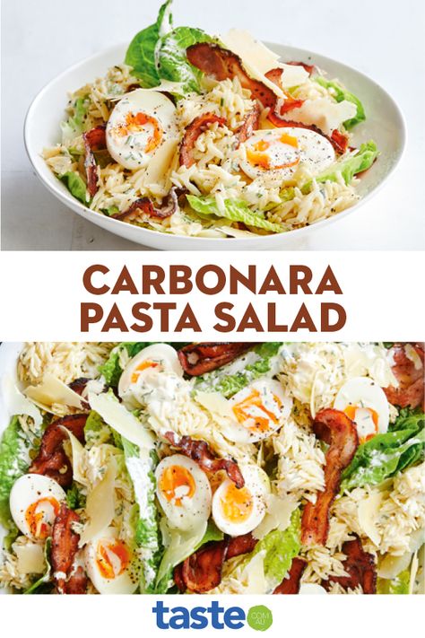 Carbonara Pasta Salad With Romaine, Budget Salad Recipes, Carbonara Pasta Salad, Pasta Egg Salad, Carbonara Salad, Thermomix Salads, Pasta Salad Ideas, Creamy Pasta Salad Recipe, Bacon Pasta Recipes