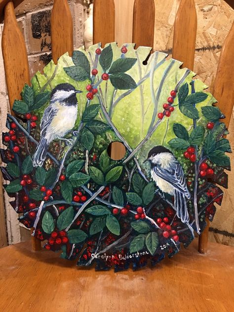 Painted Sawblades, Antique Crafts, Painted Saws, Black Smith, Black Capped Chickadee, Serra Circular, Painted Rocks Diy, Diy Metal, Rock Painting Art