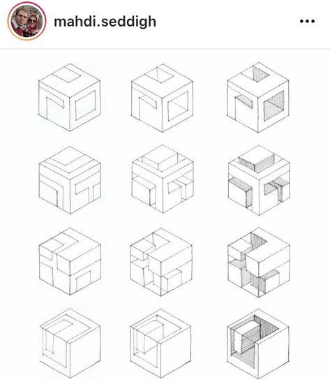 Cubes Architecture Concept, 3d Cube Design, Cubes Architecture, Isometric Cube, Architecture Journal, Geometric Shapes Drawing, Conceptual Model Architecture, Interior Design Portfolio Layout, Architecture Sketchbook