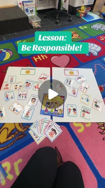 Preschool Vibes on Instagram: "🌟 Day Four: Learning to Be Responsible 🌟 Today marked the fourth day of school, and we've officially moved from basic introductions to diving into our classroom rules. Our first rule? Be responsible. I introduced "responsible" as our first 'Wow Word,' teaching the kids that it means to do your job. In today's lesson, we read a social story titled "Know and Follow the Rules" and engaged in an interactive activity where students sorted cards depicting good and poor choices. Each child had a chance to determine whether the behavior on their card was responsible or not. After reviewing all the choices, we focused on the positive actions, reinforcing how making good choices is part of being responsible. Join us as we continue to build a foundation of responsibil Being Responsible Activities For Kids, Responsibility Activities For Kids, Preschool Classroom Rules, Introduction Activities, Teaching Responsibility, Wow Words, Social Stories, Classroom Rules, Interactive Activities