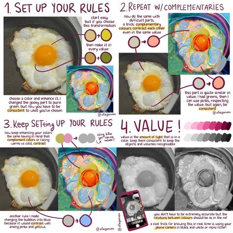 Painting Color Tutorial, Artists That Use Colour, Egg Shading Drawing, Polychromatic Painting, Fried Egg Drawing, Traditional Art Tips, How To Color, Painting With Crayons, Colour Tutorial