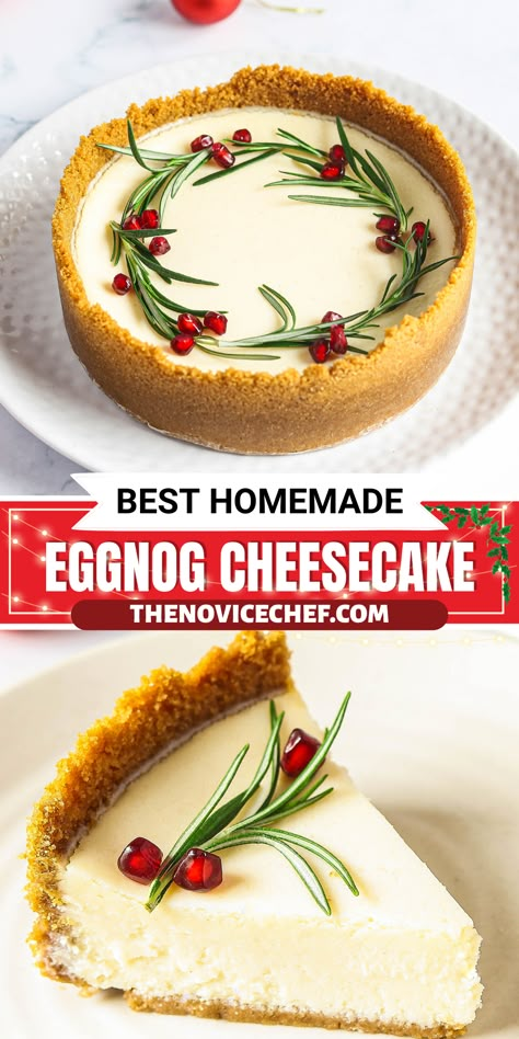 Searching for the best dessert to end your Christmas dinner with? Look no further than this Eggnog Cheesecake with a beautiful pomegranate seed garnish! A creamy homemade cheesecake that's perfect for the holidays! Easy Eggnog Cheesecake, Christmas Cheesecakes, Eggnog Desserts, Holiday Cheesecake Recipes, Eggnog Cheesecake Recipe, Cheesecake Recipes Easy Homemade, Christmas Cheesecake Recipes, Eggnog Pie, Holiday Cheesecake