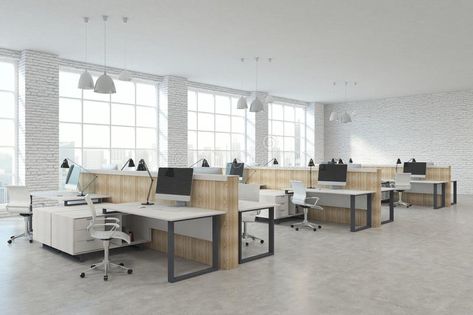 Modern coworking office. Modern white brick coworking office interior with furni , #AFF, #white, #brick, #interior, #Modern, #coworking #ad Open Office Layout, Open Concept Office, Open Office Design, Cubicle Design, Contemporary Office Furniture, Open Space Office, Coworking Office, Modern Office Interiors, Desk Layout