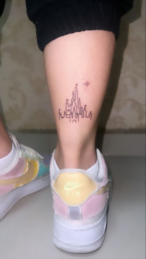 Disney Tattoos Castle, Disney Rib Tattoo, Disney Park Tattoo, Disney World Tattoo, Minimalist Disney Tattoo, Disney Foot Tattoo, Disney Minimalist Tattoo, Tiny Disney Tattoo, Matching Disney Tattoos