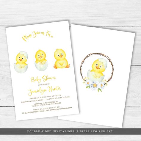 "Baby Chick, Farm Animal Baby Shower Invitations, This is a printable file that you download and edit yourself, print options are available. This cute country invitation is created with a baby chick hatching out of an egg on a white background with whimsical text. Welcome To Metro Events Party Files & Prints To create your own custom party invitations use this easy-to-edit instant download file. After editing print them at home or at any print shop. This listing is an instant download digita Chick Baby Shower Theme, Chicken Baby Shower Theme, Chicken Invitation, Chicken Birthday, Country Invitations, Carnival Invitations, Animal Baby Shower Invitations, Chic Baby Shower, Birthday Party Printables