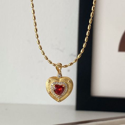 ❤️ Our beloved Red Heart Necklace is back in stock! Limited quantity available. #jewelry #goldjewelry Vintage Cottagecore Aesthetic, Red Jewellery, Red Heart Necklace, Antique Locket, Silver Bodies, Red Jewelry, Jewelry Lookbook, Royal Red, July Birthstone