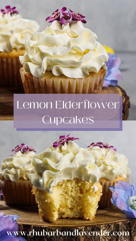 Light fluffy cupcakes flavoured with the zest of lemon pair perfectly with an elderflower floral-scented swiss meringue buttercream frosting. These lemon elderflower cupcakes are a fantastic spring recipe for a May Day celebration. May Day Cupcakes, Elderflower Dessert, Beltane Party, Elevated Desserts, Elderflower Cupcakes, Spring Bakes, Pagan Kitchen, Floral Desserts, Cottagecore Cooking