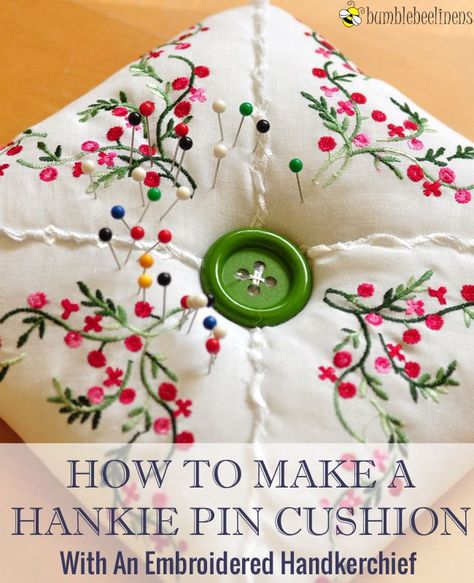 10 fun craft projects to repurpose vintage hankies! Tips on where to buy vintage handkerchiefs and how to clean them are included. Vintage Handkerchiefs Crafts, Handkerchief Crafts, Pin Cushions Patterns, Ladies Handkerchiefs, Costura Diy, Sewing Pillows, Sewing Needles, Vintage Handkerchiefs, Pin Cushion