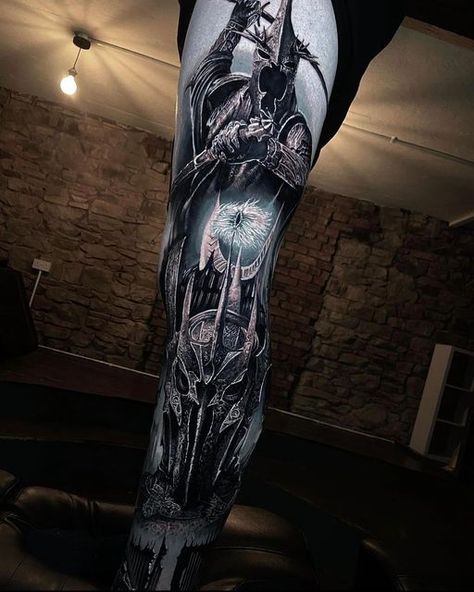 Lotr Leg Sleeve Tattoo, Riders Of Rohan Tattoo, Boromir Tattoo, Witch King Of Angmar Tattoo, Lord Of The Rings Sleeve, Half Leg Sleeve Tattoo, Dark Realism Tattoo, Lotr Nazgul, Divine Tattoos