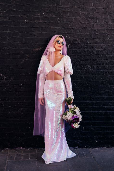 Edgy And Colorful London Elopement Inspiration Shoot Brightly Colored Wedding Dresses, Pink Engagement Photo Outfits, Sequin Elopement Dress, Pink Veil Wedding The Bride, Vegas Wedding Veil, Colored Wedding Veil, Pink Sequin Wedding Dress, Colorful Veil Wedding, Colorful Wedding Veil