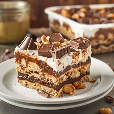 Reese’s Chocolate Peanut Butter Cup Lasagna Reese’s Chocolate Peanut Butter Cup Lasagna, Reese Dessert Recipes, Reeces Pieces Dessert, Reese’s Peanut Butter Trifle, Reeses Peanut Butter Dessert Recipes, Reese Cup Dessert Recipes, Peanut Butter Crunch Lasagna, Reese’s Desert, Resses Dessert Recipes