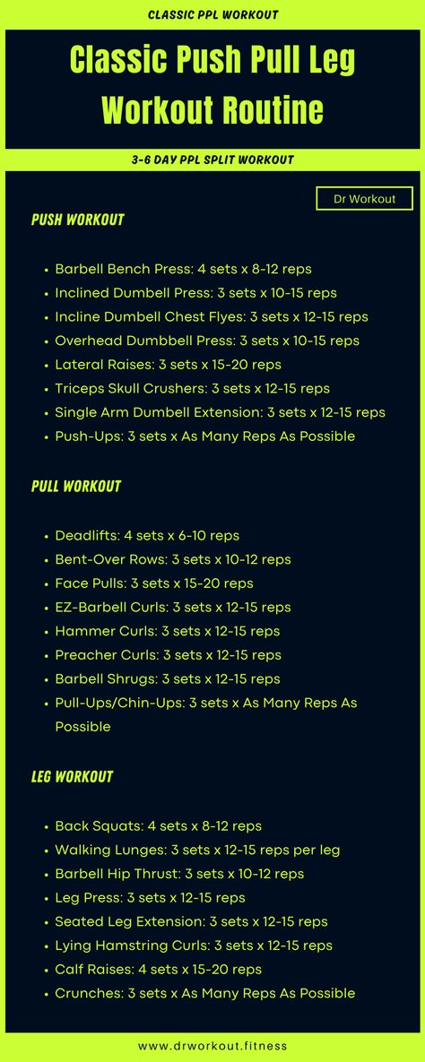 Classic Push Pull Leg Routine Push Pull Leg Dumbbell Workout, 3 Day Push Pull Workout Routine, Pull Push Workout Plan, Push Strength Workout, Push Pull Workout Routine Gym, Pull Excersises, Push Pull Legs Split, Pull Workout For Men, Push Pull Workout Routine Women