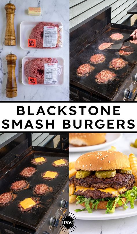 Blackstone Burgers And Sides, Black Stone Ideas, Black Stone Burgers, Black Stone Smash Burgers, Smashburgers On Blackstone, Blackstone Burger Recipes, Blackstone Smash Burger Recipe, Smash Burgers On Blackstone, Blackstone Smash Burger