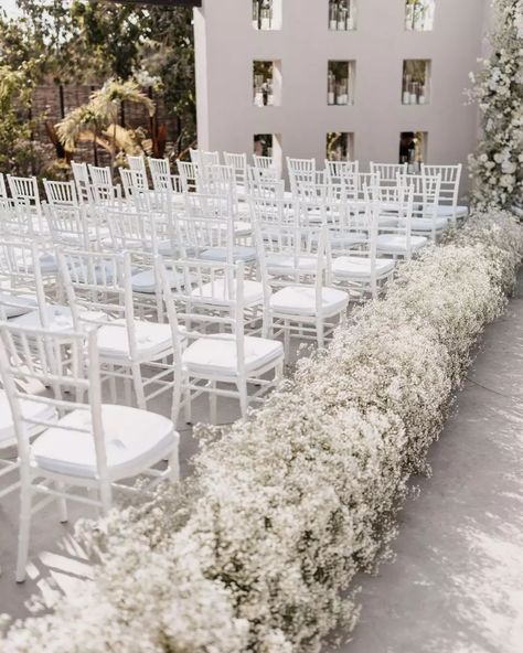 dreamy white ceremony with white chiavari chairs, floral lined aisle White Ceremony Decor, Chiavari Chairs Wedding, Destination Wedding Cabo, White Ceremony, Wedding Reception Chairs, White Wedding Ceremony, Venue Inspiration, Cabo Wedding, All White Wedding