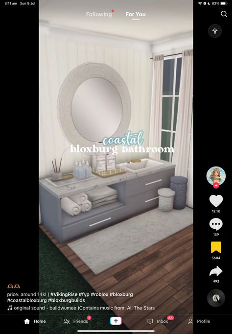 Bloxburg Coastal House Bathroom, Bloc Burg Bathroom, Beach House Bloxburg Bedroom, 3x4 Bloxburg Bathroom, Coastal Teen Bathroom Bloxburg, Bloxburg Beach House Bathroom Ideas, Bloxburg House Ideas Coastal Layout, Coastal Room Ideas Bloxburg, Coastal Bloxburg Dining Room