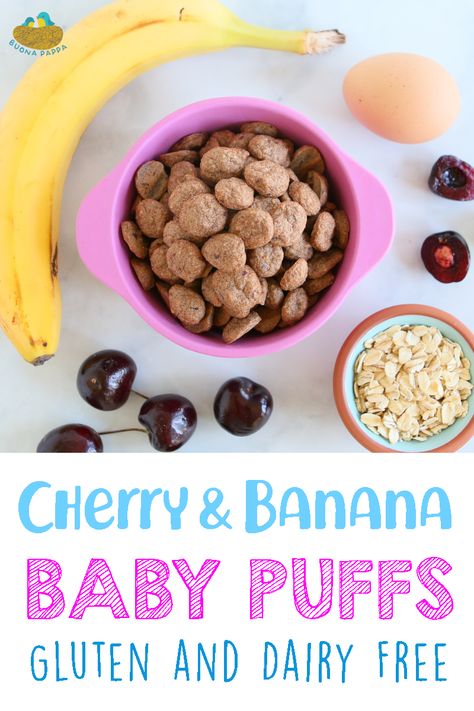 Homemade Cherry Banana Baby Puffs - Gluten and Dairy Free. Recipe instructions and many tips on how to prepare your homemade puffs. Diy Puffs Baby Food, Dairy Free Baby Snacks, Homemade Baby Puffs Recipes, Baby Puffs Recipe Homemade, Homemade Snacks For Babies, Baby Snacks Homemade, Homemade Puffs For Baby, Diy Baby Snacks, Banana Baby Food Recipe