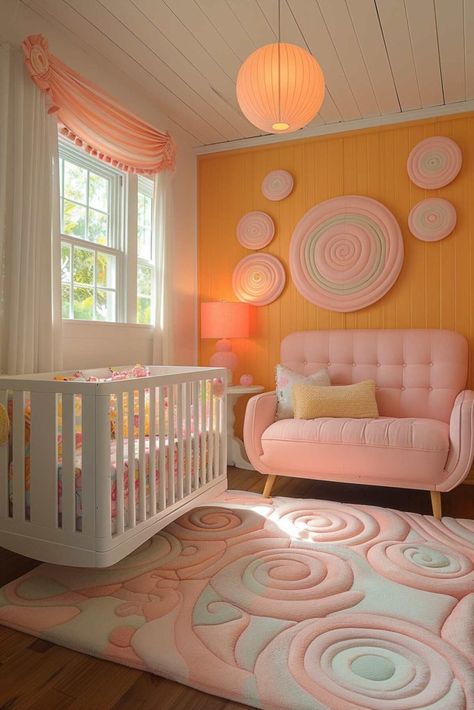 50 Simply Adorable Baby Girl Nursery Ideas You’ll Love! Girl Nursery Colorful, Kids Room Colorful, Colourful Baby Room, Orange Baby Room, Baby Girl Nursery Decor Ideas, Yellow Baby Nursery, Lou Core, Colorful Baby Nursery, Colorful Kids Bedroom