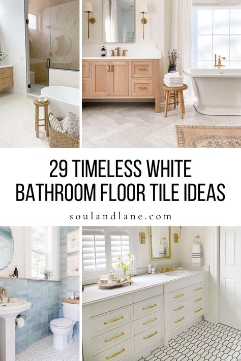 White tiles offer a pristine foundation that brightens and enlarges any bathroom space, blending seamlessly with any decor style from minimalist to lavish. Explore the vast array of textures and patterns available, from classic subway tiles to elegant hexagons, each promising to infuse your bathroom with a sense of calm and cleanliness. Bathroom Floor With White Vanity, Cream Floor Tiles Bathroom, Bathroom Floor Design Ideas, Cloe Bathroom Tile, Light Bathroom Tile Ideas, Japandi Bathroom Floor, Bathroom Flooring Ideas Tile Master Bath, Bathroom Floor Tile Design Ideas, Cottage Bathroom Flooring Ideas