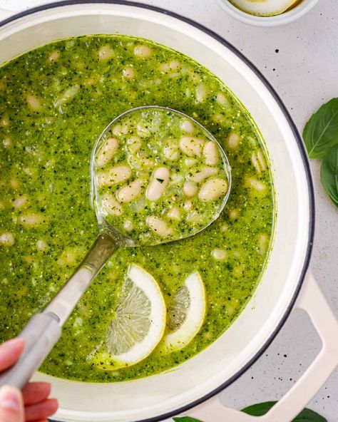 Vegetable Pesto Soup, Pesto White Bean Soup, Bean Broth Soup, Pesto Bean Soup, Pureed Bean Soup, Pesto Soup Recipes, Pesto Beans, Pesto White Bean, Soup White Bean