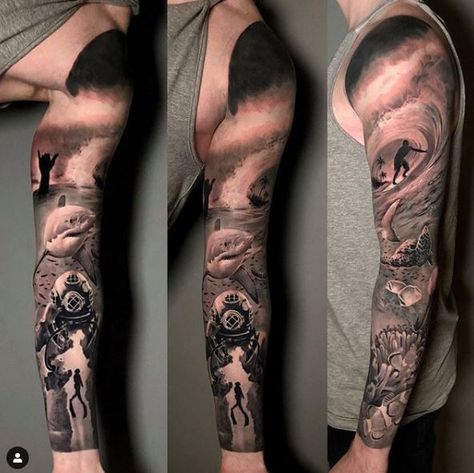 Sea Fish Tattoo Design, Realistic Underwater Tattoos, Mens Ocean Tattoo Sleeve, Surf Tattoo Sleeve, Florida Leg Sleeve Tattoo, Black And Grey Ocean Tattoo, Deep Sea Tattoo Sleeve, Black And White Ocean Tattoo, Mens Ocean Tattoo